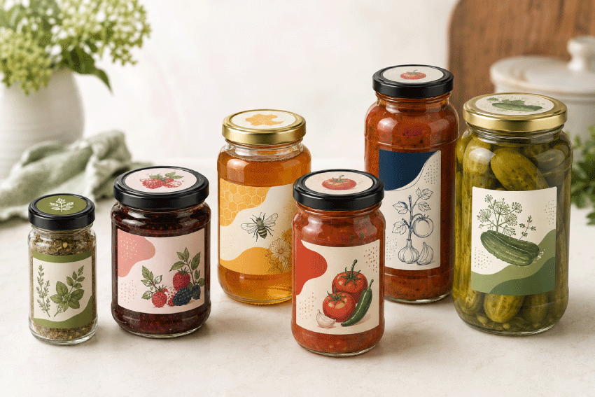Food jar label size guide showing professionally printed labels on assorted jars