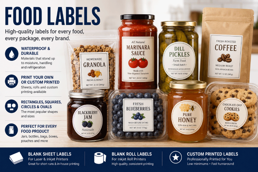 Food products with rectangle, square, circle and oval labels on jars, bottles, bags and containers