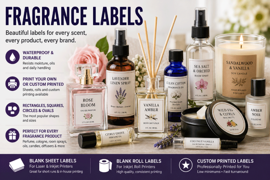 Fragrance products with rectangle, square, circle and oval labels on perfume bottles, room sprays, oils and scented packaging