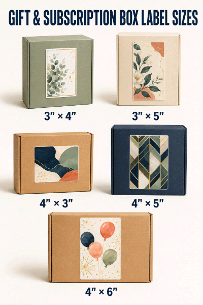 Gift kit and subscription boxes with full-color printed label size examples