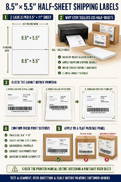 8.5 by 5.5 inch half-sheet shipping label layout for Etsy orders