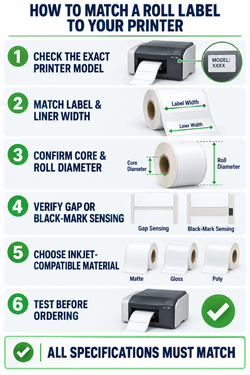 Checklist for matching blank roll labels to a Primera LX printer