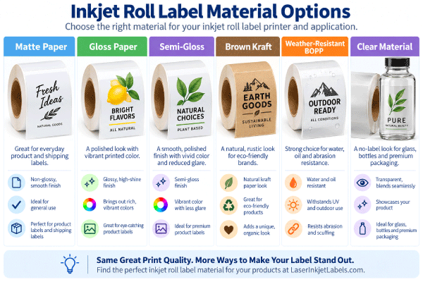 Inkjet roll label material options including matte paper, gloss paper, semi-gloss, brown kraft, weather-resistant BOPP and clear material