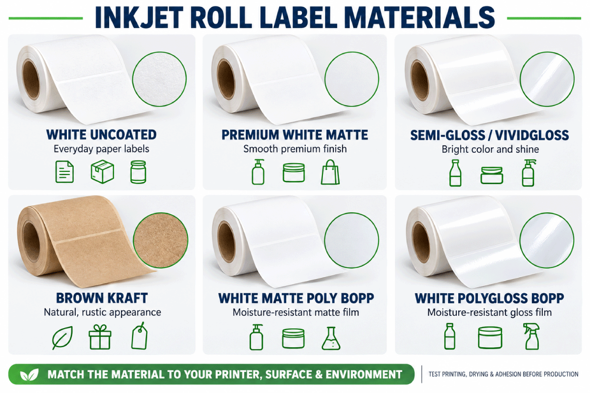 Inkjet roll label materials for Primera LX printers including matte, gloss, kraft and BOPP