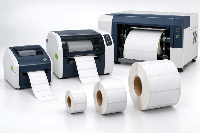Inkjet roll label printer compatibility guide for matching label width, core, roll diameter, sensing method and material