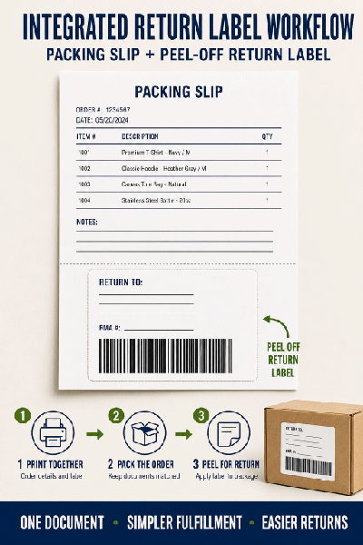 Integrated packing slip with peel-off outbound and return labels
