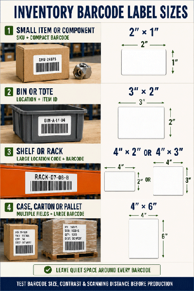 Recommended inventory barcode label sizes from small items to pallets