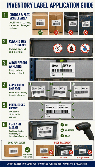 Correct inventory label application on items, bins, shelves and cartons