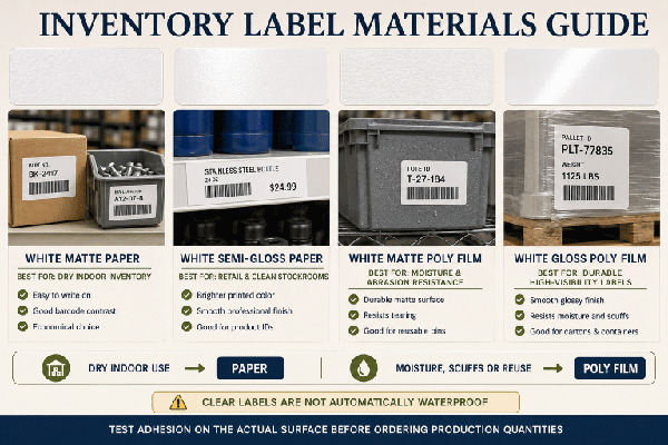 Paper, removable, fluorescent and durable material choices for inventory labels
