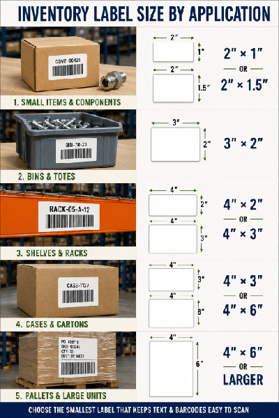 Inventory label sizes for items, bins, shelves, racks, cartons and pallets