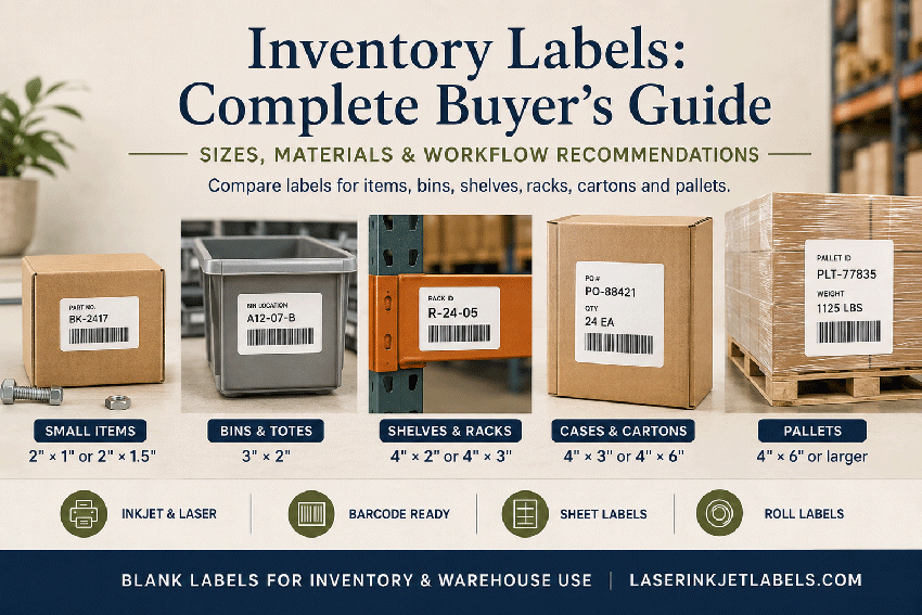 Inventory label buyer’s guide for items, bins, shelves, racks, cartons and pallets