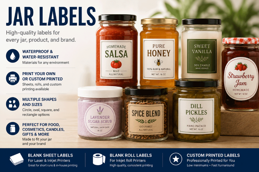 Professionally labeled glass jars for honey, candles, sauces, preserves and handmade products