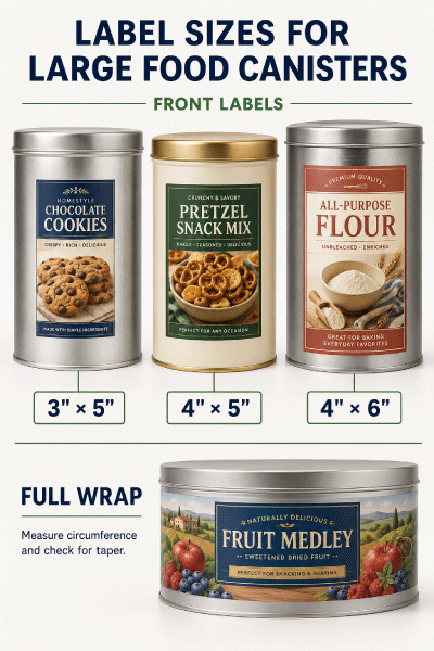 Large food cookie and retail canisters with printed label size examples