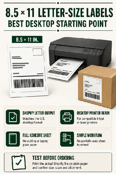 Letter-size 8.5 by 11 inch Shopify shipping label workflow for desktop printers