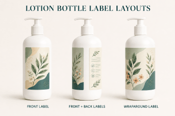 Front, back and wraparound lotion bottle label options