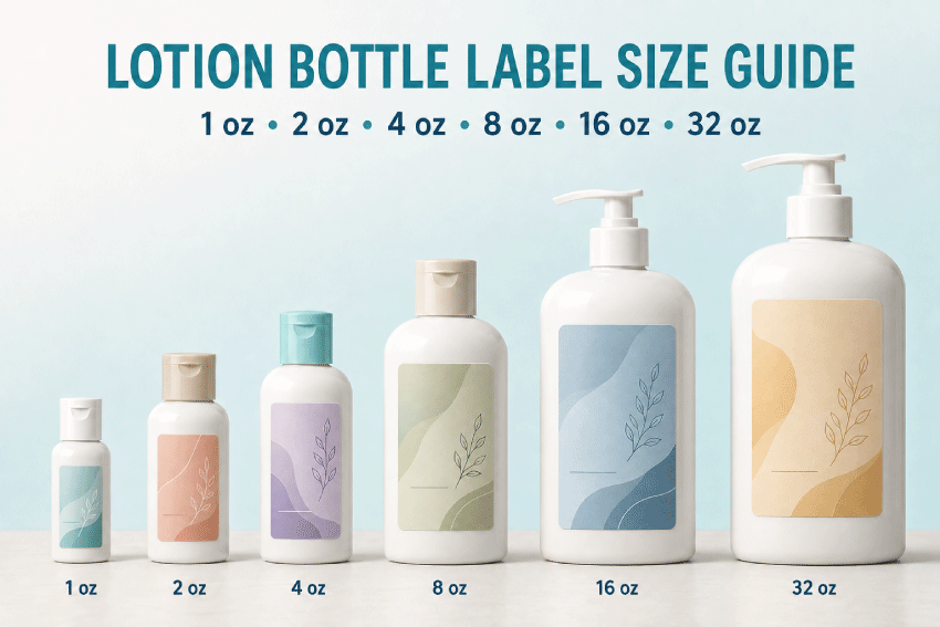 Lotion bottle label size guide for 1 oz through 32 oz bottles
