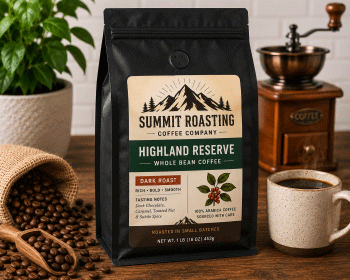One pound coffee bean bag with a large printed front label