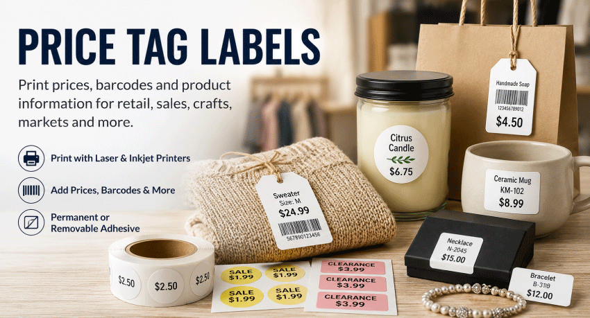 Price tag labels on retail products, handmade goods and merchandise