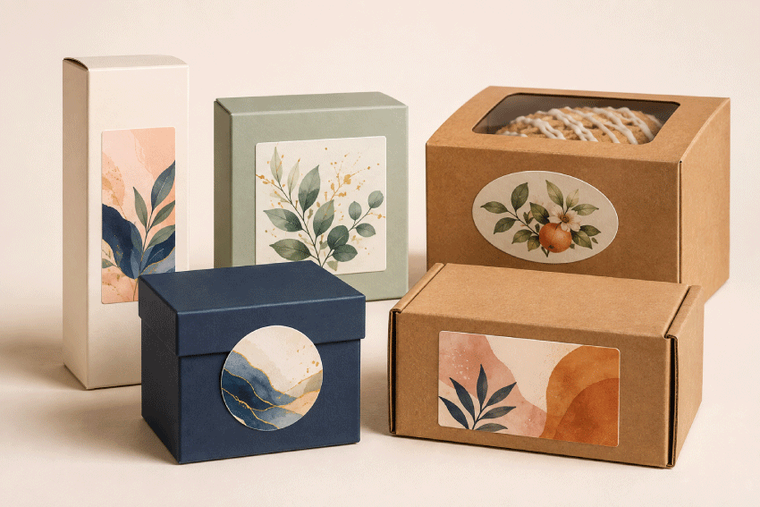 Product box label size guide showing professionally printed labels on retail cartons
