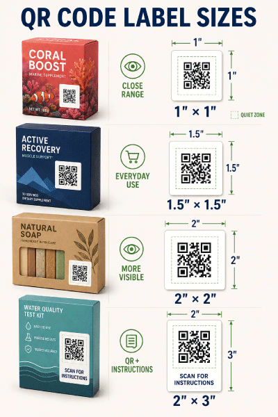 QR Code label size examples showing the required four-module quiet zone