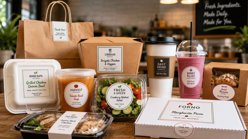 Restaurant takeout containers, cups, bags, boxes and prepared foods with colorful rectangle, square, circle and oval labels