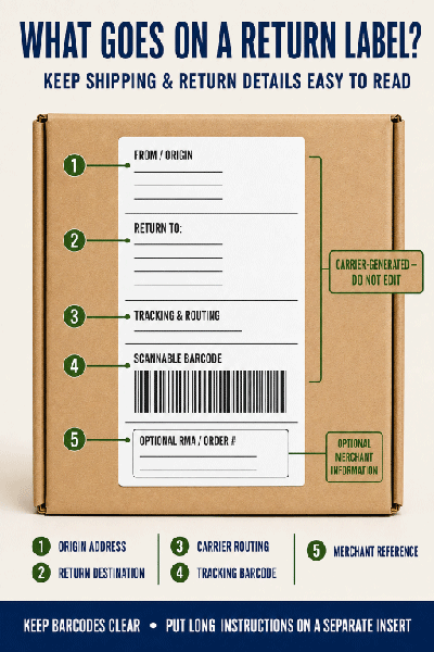 Return shipping label layout showing address, tracking barcode and RMA information