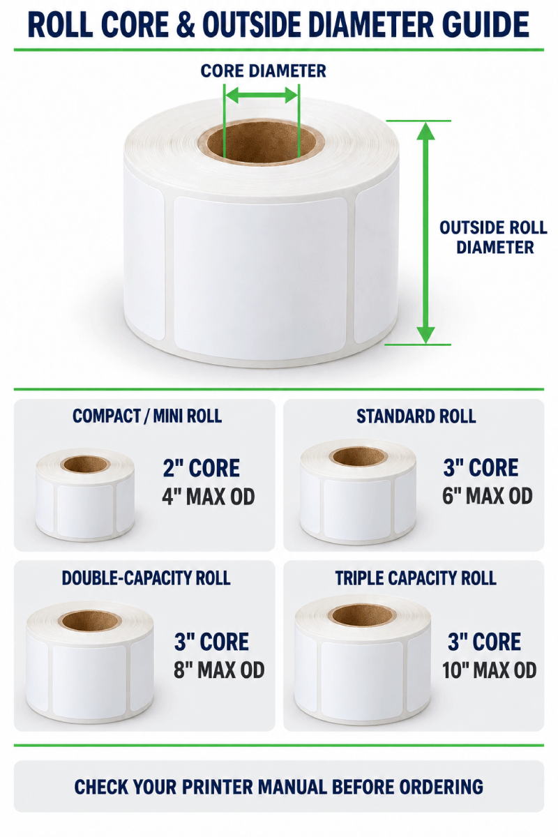 Roll label core diameter and outside roll diameter guide for Primera LX printers