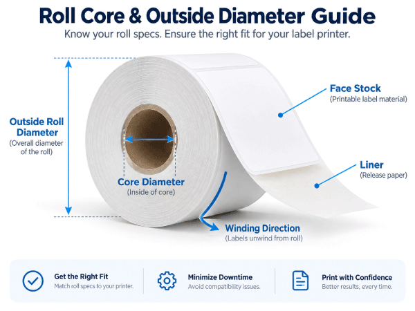 Roll label core diameter and outside roll diameter compatibility guide