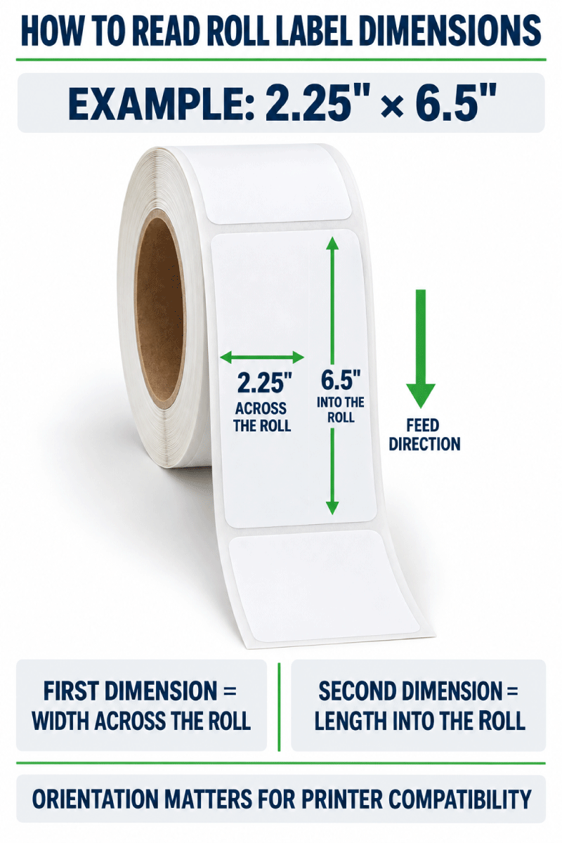 Primera roll label orientation showing width across the roll and length into the printer