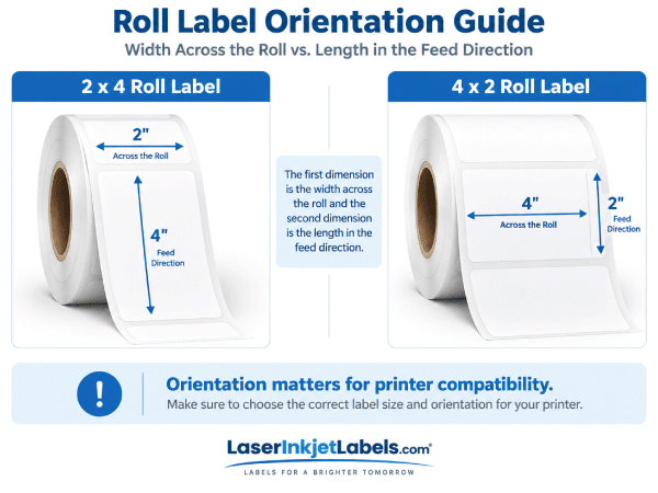 Roll label orientation showing width across the roll and length in the feed direction