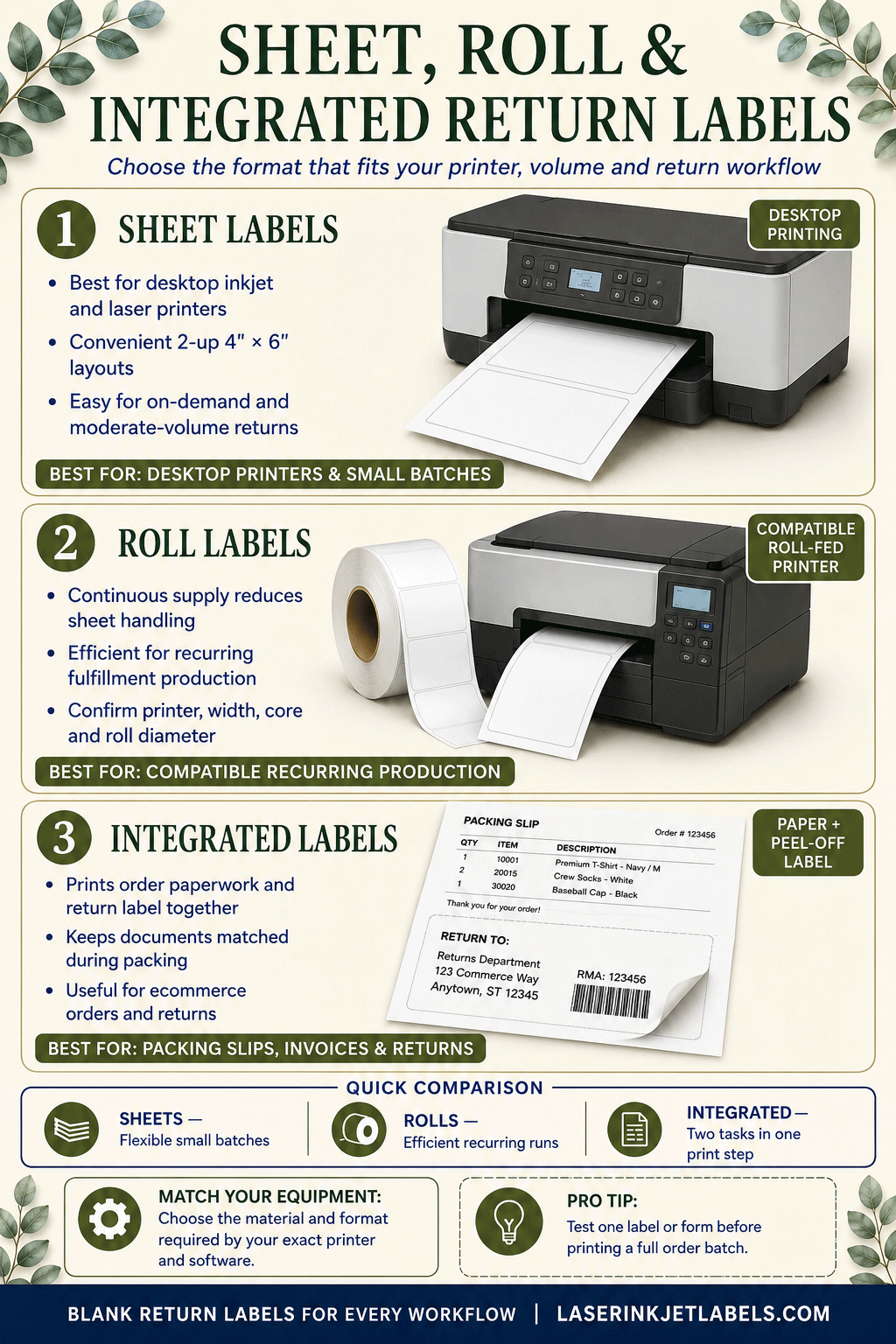 Sheet, roll and integrated return label formats compared