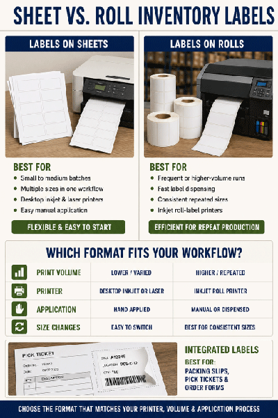 Sheet and roll label formats for inventory and warehouse barcode printing