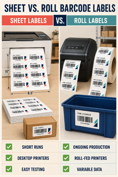 Sheet labels versus roll labels for printing product and warehouse barcodes