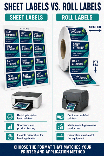 Sheet labels versus roll labels for supplement bottles