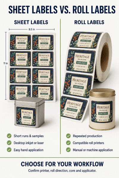 Sheet labels versus roll labels for tins and canisters