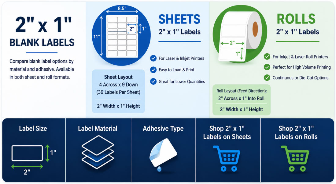 shop for sheets and rolls of 2 x 1 blank labels