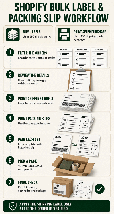 Shopify bulk shipping-label and packing-slip workflow for accurate order matching