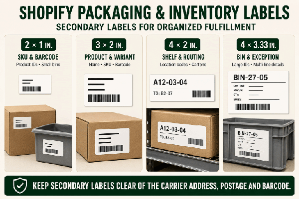 Shopify packaging, SKU and inventory label sizes for products, bins and order routing