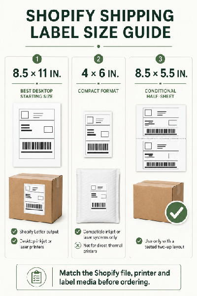 Recommended Shopify label sizes for desktop shipping, compact output, order IDs and inventory