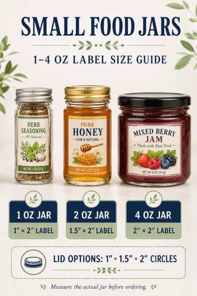 One to four ounce food jars with printed body and lid label size examples