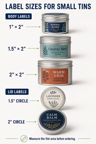 Small spice sample and cosmetic tins with printed label size examples