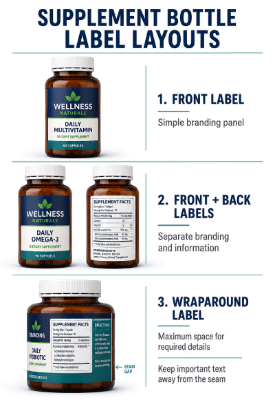 Front, back and wraparound supplement bottle label layouts