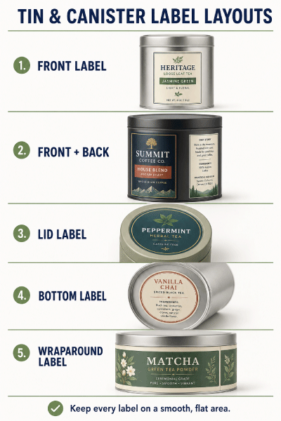 Front back lid bottom and wraparound tin and canister label layouts