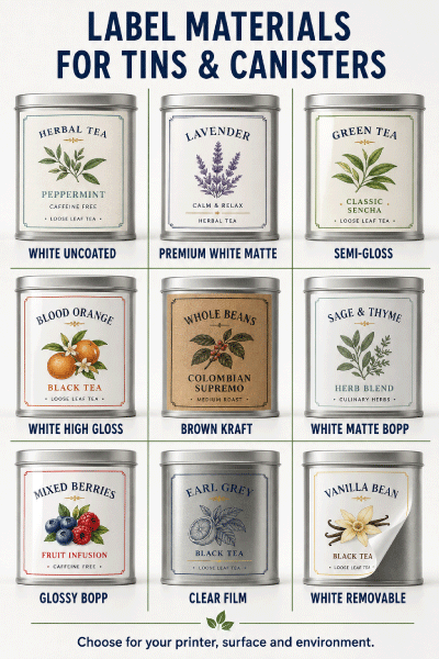 Paper kraft gloss film and removable label materials for tins and canisters