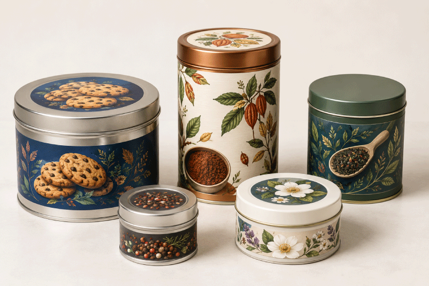 Tin and canister label size guide showing professionally printed labels