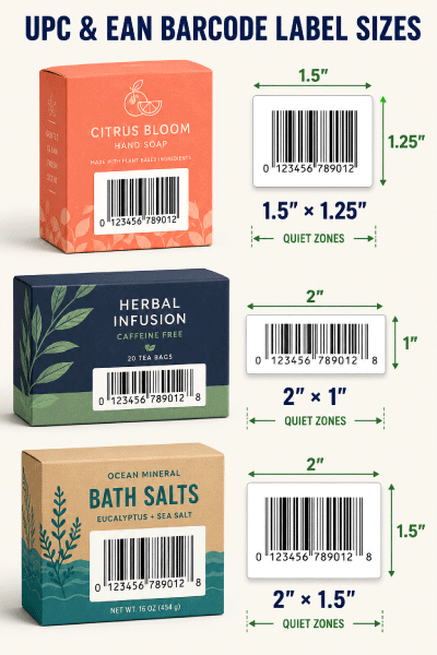 UPC-A and EAN-13 barcode label size examples with preserved quiet zones