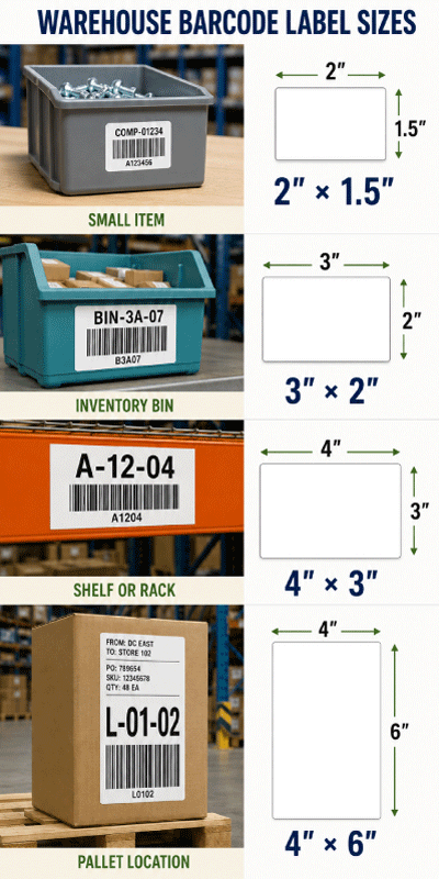 Warehouse bin shelf case and pallet barcode label size examples
