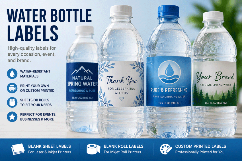 Custom and printable water bottle labels on plastic bottles for events, offices and businesses