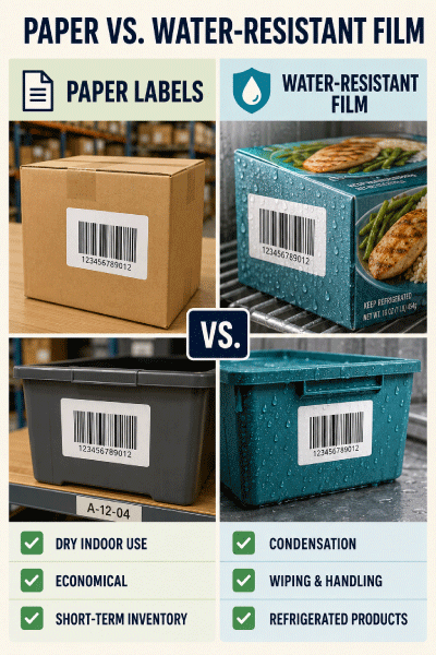 Water-resistant film versus paper barcode labels on boxes and inventory containers