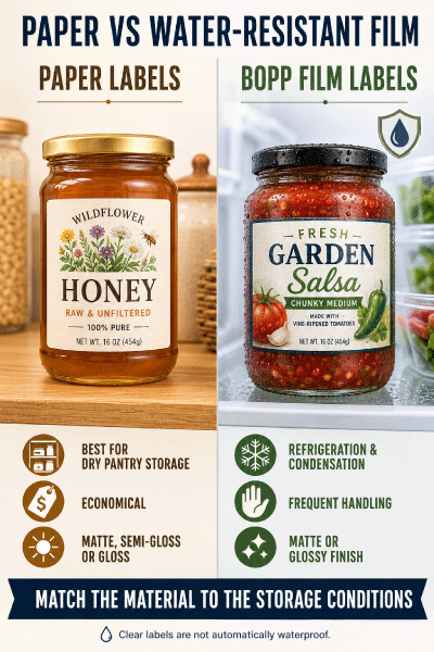 Waterproof film versus paper labels on food jars